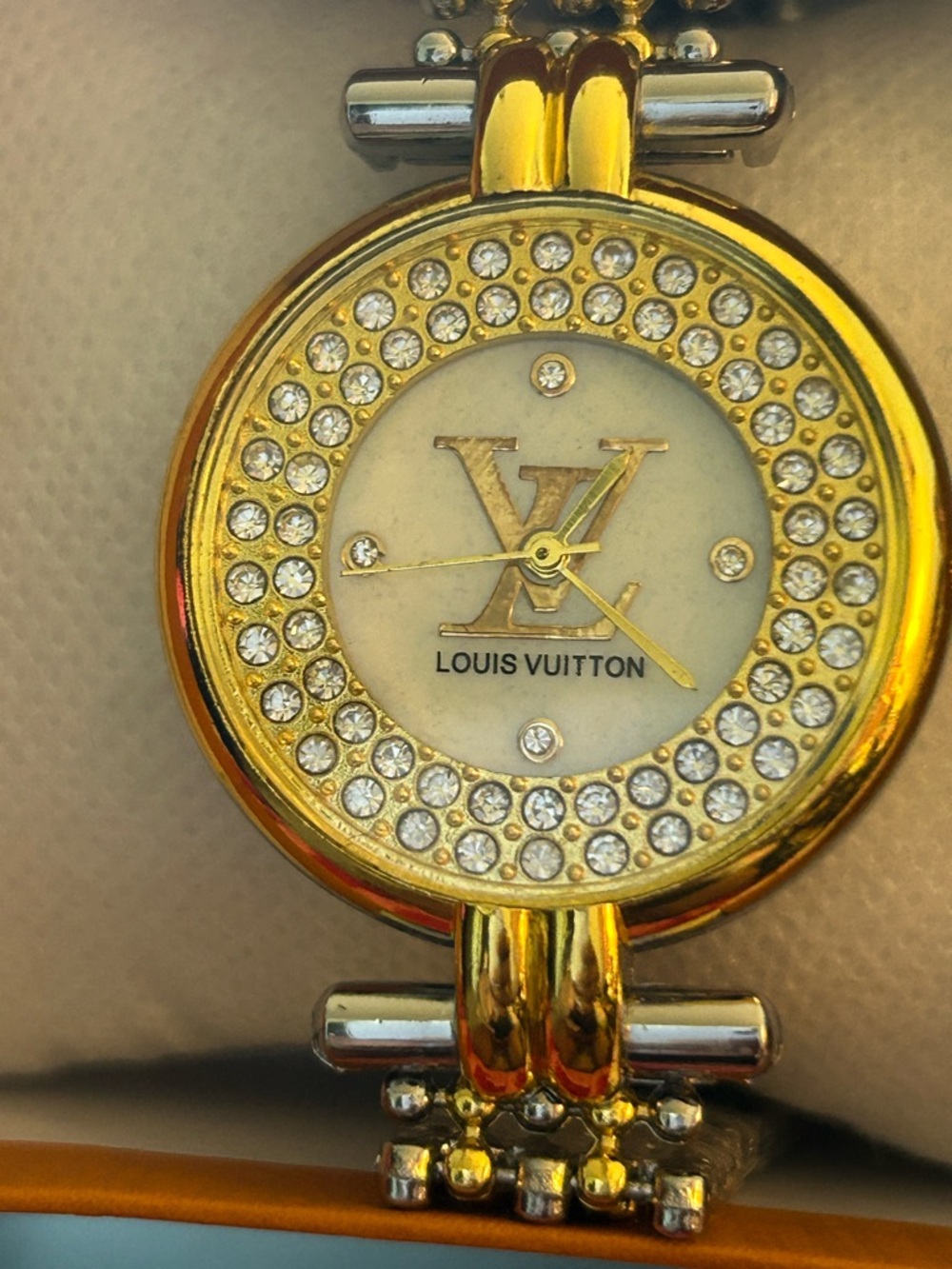 Inspired Louis Vuitton Gold and Silver Crystal-Embellished watch.